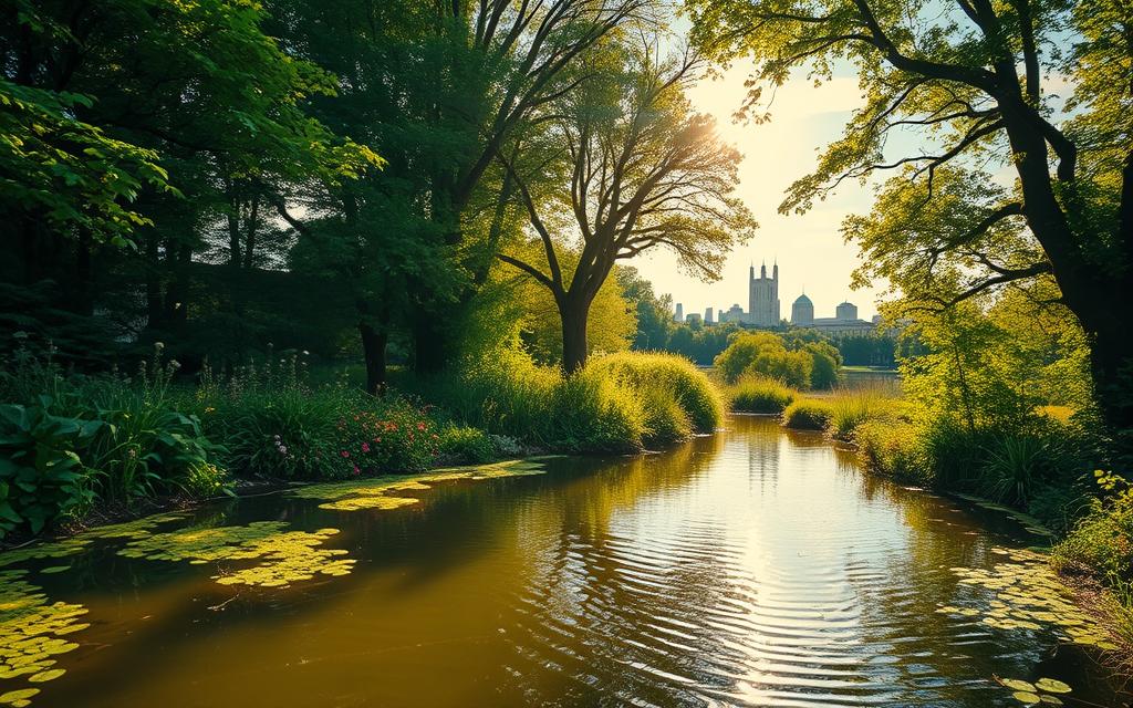 A lush, verdant biotope nestled in the heart of Berlin, bathed in warm, golden sunlight filtering through wispy clouds. In the foreground, a tranquil pond reflects the surrounding greenery, its surface rippling gently. Mid-ground, a diverse array of native flora thrives, from vibrant wildflowers to towering trees providing dappled shade. In the background, the distant cityscape of Berlin's skyscrapers and historic architecture creates a captivating contrast. The scene exudes a sense of tranquility and harmony, showcasing how nature can flourish even in an urban environment. Captured with a wide-angle lens to accentuate the depth and scale of this verdant oasis. A lush, verdant biotope nestled in the heart of Berlin, bathed in warm, golden sunlight filtering through wispy clouds. In the foreground, a tranquil pond reflects the surrounding greenery, its surface rippling gently. Mid-ground, a diverse array of native flora thrives, from vibrant wildflowers to towering trees providing dappled shade. In the background, the distant cityscape of Berlin's skyscrapers and historic architecture creates a captivating contrast. The scene exudes a sense of tranquility and harmony, showcasing how nature can flourish even in an urban environment. Captured with a wide-angle lens to accentuate the depth and scale of this verdant oasis.