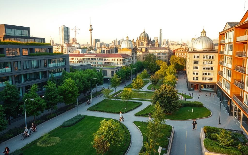A modern cityscape of Berlin with a focus on sustainable urban development and planning. In the foreground, a vibrant public green space with pedestrian pathways, bike lanes, and lush vegetation. In the middle ground, a mix of contemporary architecture showcasing innovative sustainable design elements like green roofs, solar panels, and energy-efficient materials. In the background, the iconic skyline of Berlin, with landmarks like the Reichstag building and the TV tower visible. The scene is bathed in warm, natural lighting, creating a welcoming and livable atmosphere. The overall mood conveys a vision of a thriving, environmentally-conscious, and people-centric urban environment. A modern cityscape of Berlin with a focus on sustainable urban development and planning. In the foreground, a vibrant public green space with pedestrian pathways, bike lanes, and lush vegetation. In the middle ground, a mix of contemporary architecture showcasing innovative sustainable design elements like green roofs, solar panels, and energy-efficient materials. In the background, the iconic skyline of Berlin, with landmarks like the Reichstag building and the TV tower visible. The scene is bathed in warm, natural lighting, creating a welcoming and livable atmosphere. The overall mood conveys a vision of a thriving, environmentally-conscious, and people-centric urban environment.