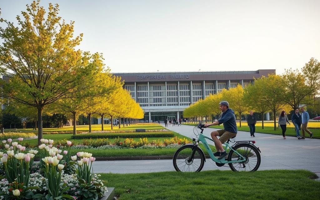 A serene, environmentally-friendly scene in Tempelhof, Berlin. In the foreground, a cyclist leisurely rides a sleek electric bicycle, weaving through a lush garden with blooming flowers. The middle ground features pedestrians strolling along a tree-lined promenade, enjoying the fresh air and tranquility. In the background, the iconic Tempelhof Airport building stands as a silent witness, its historic architecture blending harmoniously with the modern, sustainable mode of transport. Warm, golden sunlight filters through the trees, casting a gentle glow over the entire scene. The atmosphere is one of calm, eco-conscious mobility, inviting the viewer to experience the joys of green transportation in this unique urban oasis. A serene, environmentally-friendly scene in Tempelhof, Berlin. In the foreground, a cyclist leisurely rides a sleek electric bicycle, weaving through a lush garden with blooming flowers. The middle ground features pedestrians strolling along a tree-lined promenade, enjoying the fresh air and tranquility. In the background, the iconic Tempelhof Airport building stands as a silent witness, its historic architecture blending harmoniously with the modern, sustainable mode of transport. Warm, golden sunlight filters through the trees, casting a gentle glow over the entire scene. The atmosphere is one of calm, eco-conscious mobility, inviting the viewer to experience the joys of green transportation in this unique urban oasis.