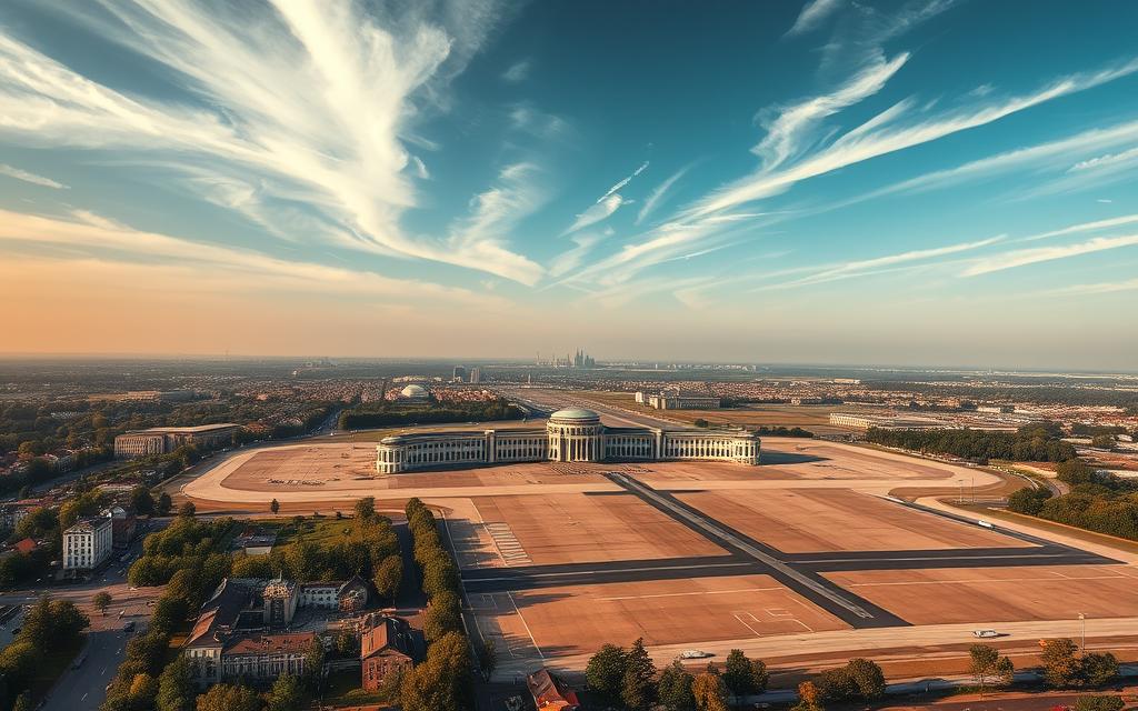 A sprawling, historical airfield set against the backdrop of a vibrant, early 20th century Berlin. In the foreground, the distinctive curved terminal building of Tempelhof Airport stands proudly, its bold, Art Deco architecture casting long shadows across the expansive tarmac. Surrounding the airfield, a patchwork of low-rise buildings, cobblestone streets, and lush, tree-lined avenues evoke the transitional era between the city's past and its modernizing future. Wispy clouds drift overhead, illuminated by the warm, golden glow of the sun, creating a sense of timeless grandeur. The scene exudes a palpable atmosphere of progress and innovation, reflecting Tempelhof's remarkable transformation from a medieval Knight's Templar outpost to a pioneering hub of aviation history.