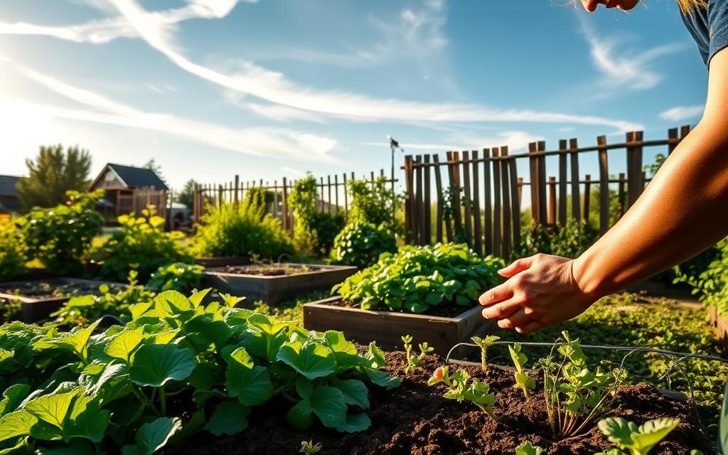 A verdant organic garden bathed in warm afternoon sunlight, with vibrant raised vegetable beds, lush greenery, and a rustic wooden fence in the background. In the foreground, a gardener tenderly tends to her plants, her hands caked in rich, dark soil. The scene exudes a sense of tranquility and harmony, reflecting the gentle, sustainable practices of biodynamic horticulture. Wispy clouds drift overhead, casting soft shadows across the scene. The overall atmosphere is one of quiet contemplation and a deep connection to the natural world.