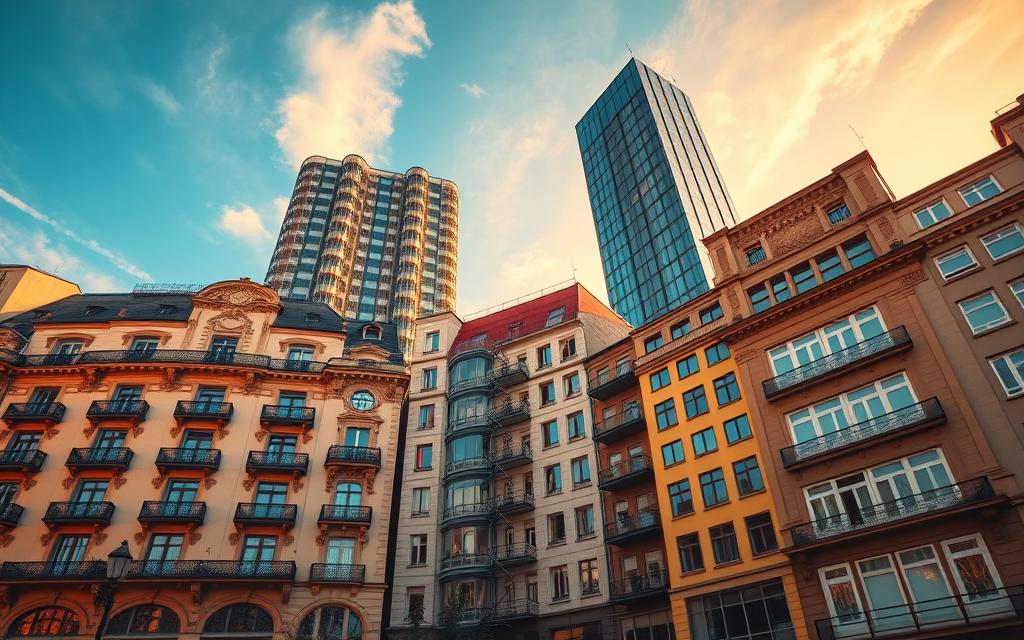 A vibrant mix of Tempelhofer architectural styles, captured in a cinematic wide-angle view. In the foreground, a stately Altbau apartment building with ornate facade details and wrought-iron balconies. Mid-ground, a modern glass-and-steel Neubau tower rises, its sleek lines contrasting with the historic charm. Warm evening sunlight casts a golden glow, illuminating the mix of old and new. Wispy clouds drift across a deep blue sky, completing the picturesque scene. The camera angle emphasizes the harmonious coexistence of these diverse structures, showcasing the unique character of the Tempelhof neighborhood.